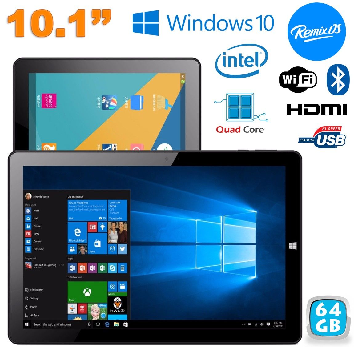 Tablette Dual Boot Windows 10 + Remix OS 2.0 4Go RAM 10.1 pouces 64Go